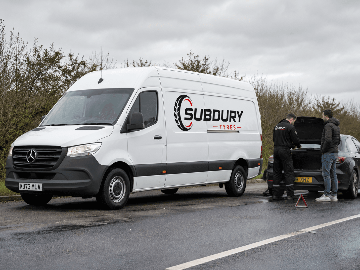 Sudbury Tyre mobile fitting van helping a customer at the roadside