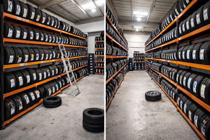 New tyres stored on warehouse shelving